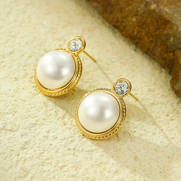 Pearl Earrings Stainless Steel 18K Geometric Round Vintage Electroplated For Women