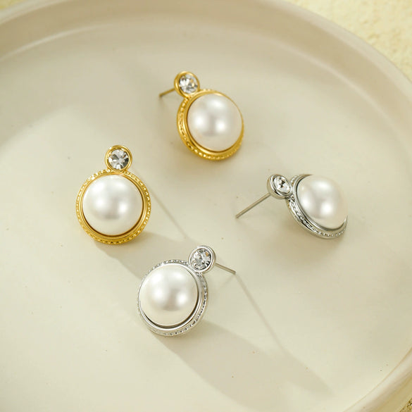 Pearl Earrings Stainless Steel 18K Geometric Round Vintage Electroplated For Women