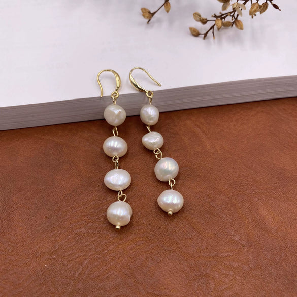 Pearl Earrings Vintage Palace Style Geometric Pure Handmade Real Gold Plated