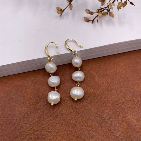 Pearl Earrings Vintage Palace Style Geometric Pure Handmade Real Gold Plated