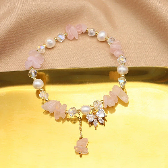 Pearl Elastic Bracelet Retro Geometric Style With Bow Zircon 18K Gold Plated