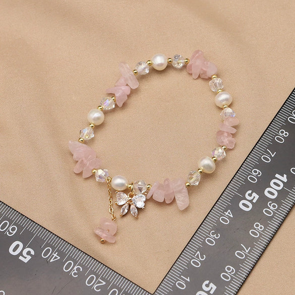 Pearl Elastic Bracelet Retro Geometric Style With Bow Zircon 18K Gold Plated