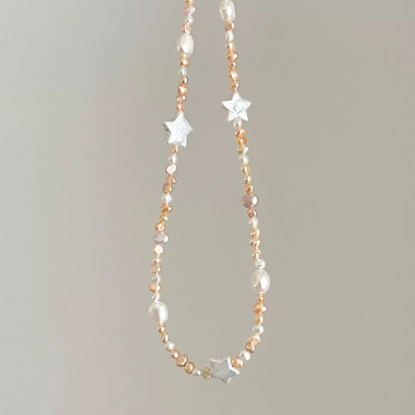Pearl Fivepointed Star Pendant Necklace Titanium Steel Retro Style Vacuum Electroplated