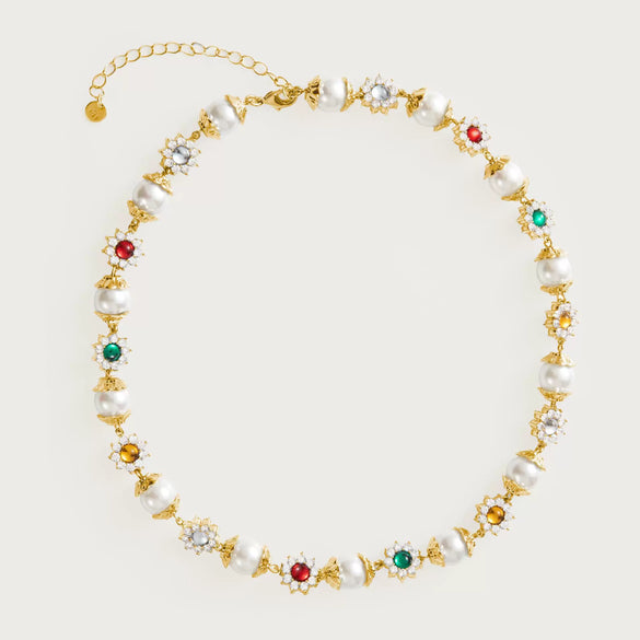 Pearl Flower Diamond Color Gem Electroplated Gold Necklace Imitation Pearls Geometric Style Women's