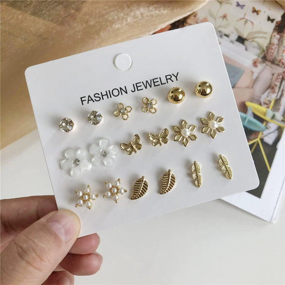 Pearl Flower Leaf Fivepointed Star Butterfly Earrings Set Gold Plated Geometric Design