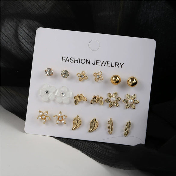 Pearl Flower Leaf Fivepointed Star Butterfly Earrings Set Gold Plated Geometric Design