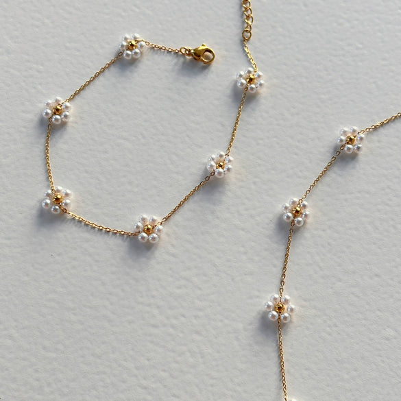 Pearl Flower Necklace Waist Chain Anklet Set Titanium Steel Goldplated Stainless Steel Colorpreserving