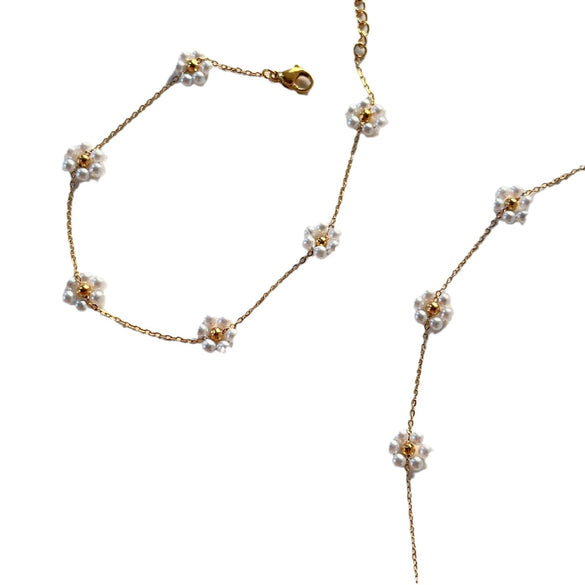 Pearl Flower Necklace Waist Chain Anklet Set Titanium Steel Goldplated Stainless Steel Colorpreserving
