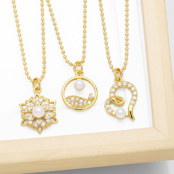 Pearl Flower Necklace With Heart Shape Pendant Copper Zircon Electroplated For Women