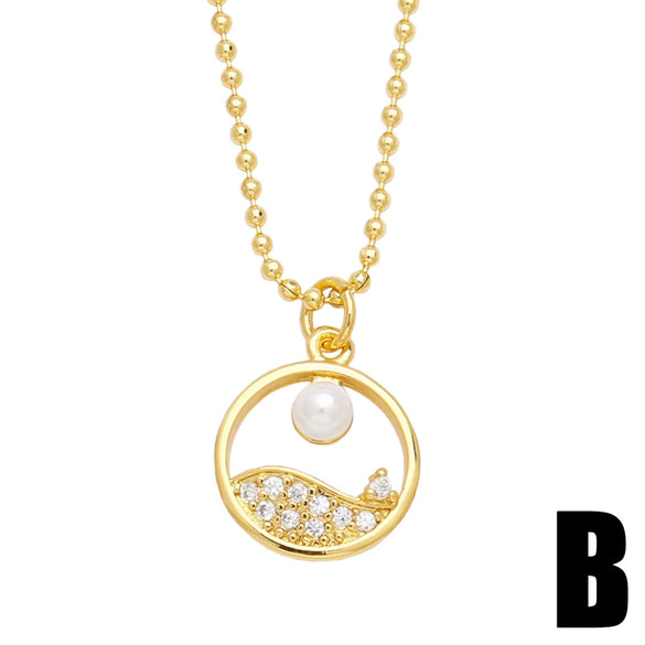 Pearl Flower Necklace With Heart Shape Pendant Copper Zircon Electroplated For Women