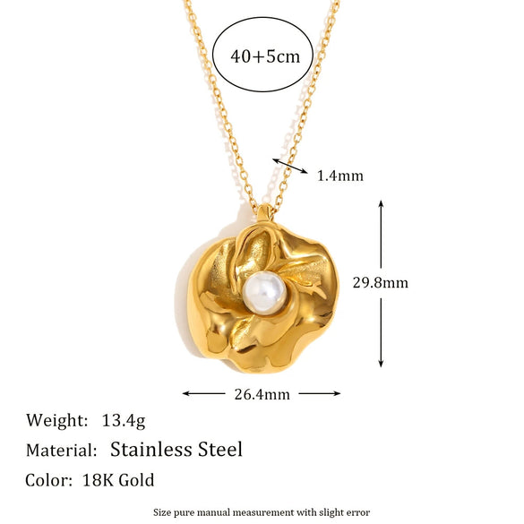 Pearl Flower Pendant Necklace Stainless Steel Plated 18K Gold Geometric Fashion Design