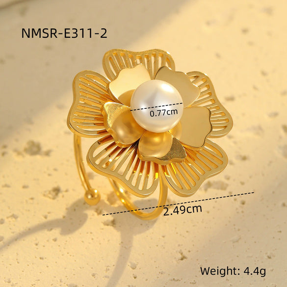 Pearl Flower Threedimensional Hollow Stainless Steel Ring Electroplated For Women Simple Style