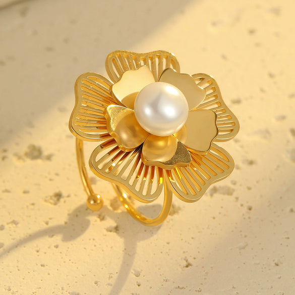Pearl Flower Threedimensional Hollow Stainless Steel Ring Electroplated For Women Simple Style