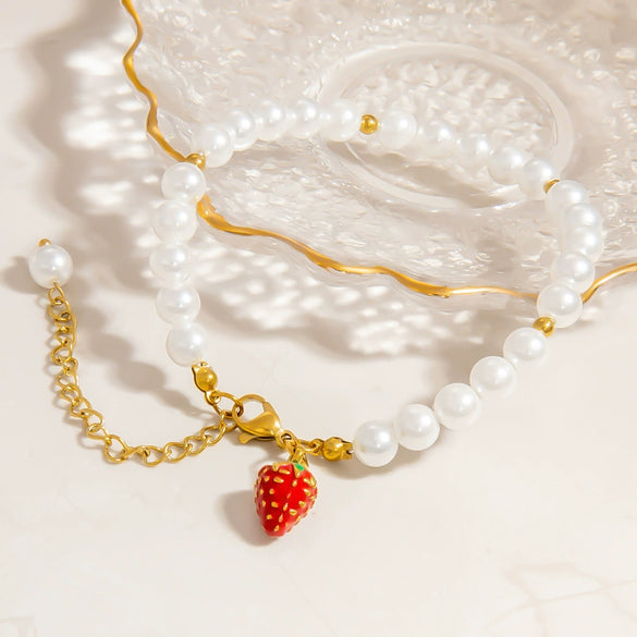 Pearl Fruit Pendant Bracelet Vacuum Electroplated Stainless Steel Sweet Style For Women