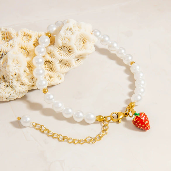 Pearl Fruit Pendant Bracelet Vacuum Electroplated Stainless Steel Sweet Style For Women