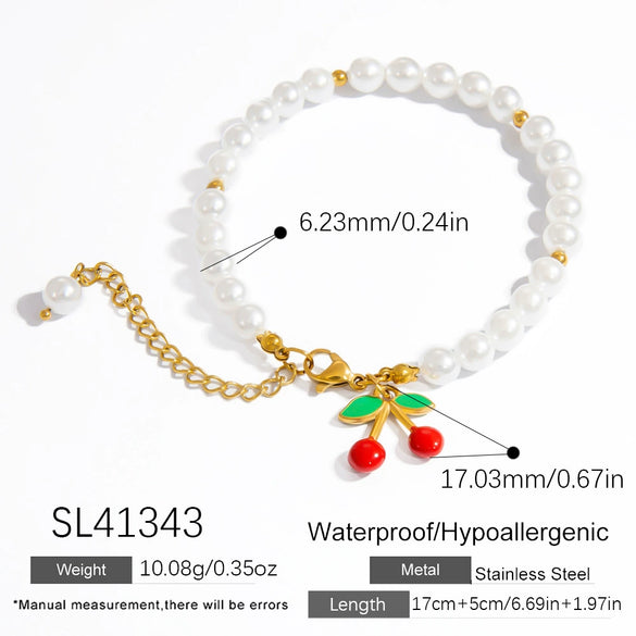 Pearl Fruit Pendant Bracelet Vacuum Electroplated Stainless Steel Sweet Style For Women