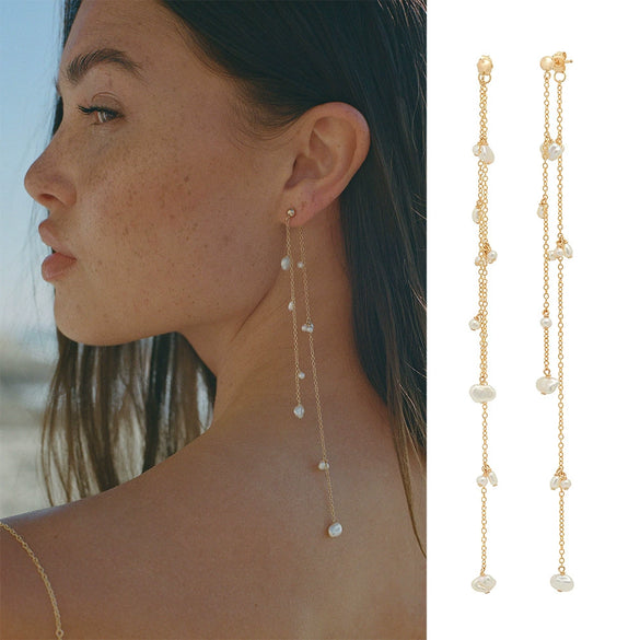 Pearl Geometric Minimalist Long Ear Line Layered Tassel Earrings For Women
