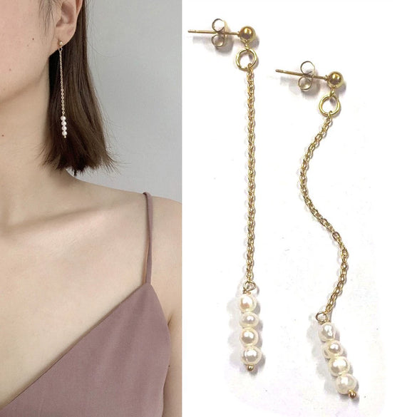Pearl Geometric Minimalist Long Ear Line Layered Tassel Earrings For Women