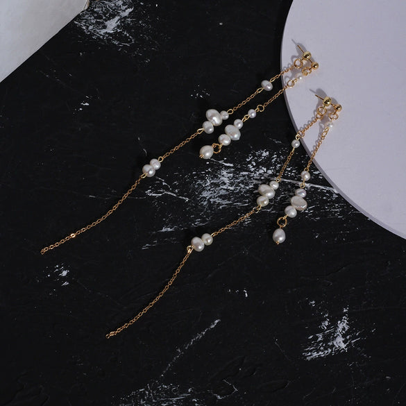 Pearl Geometric Minimalist Long Ear Line Layered Tassel Earrings For Women