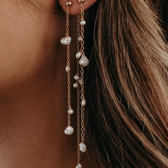 Pearl Geometric Minimalist Long Ear Line Layered Tassel Earrings For Women