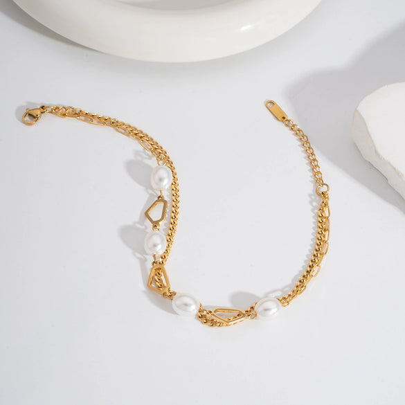 Pearl Geometric Stainless Steel Double Layer Anklet For Women Light Luxury Jewelry