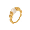 Pearl Golden Stainless Steel Ring With Vintage Hemp And Geometric Pattern Electroplated For Women