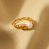 Pearl Golden Stainless Steel Ring With Vintage Hemp And Geometric Pattern Electroplated For Women