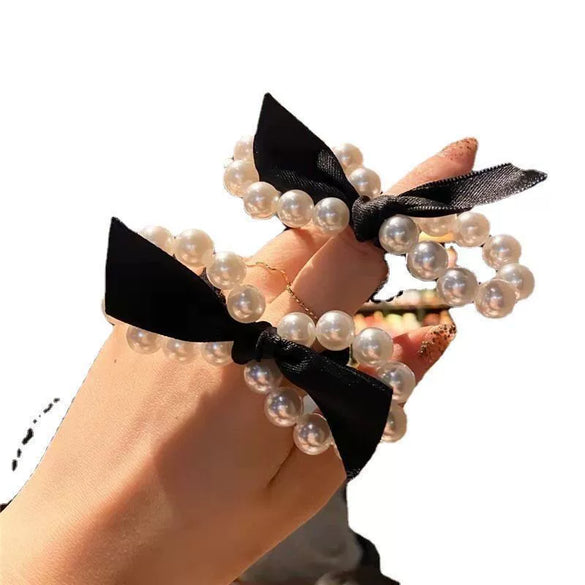 Pearl Hair Rope Rubber Band Bow Head Rope With Silver Set Headdress