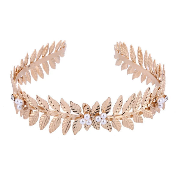 Pearl Hairband Baroque Style With Leaf For Unisex Electroplated Hair Accessories