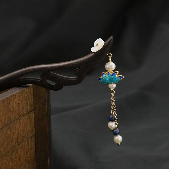 Pearl Hairpin Antique Style With Cloisonne Tassel And Flower Pattern Handmade Hair Accessories