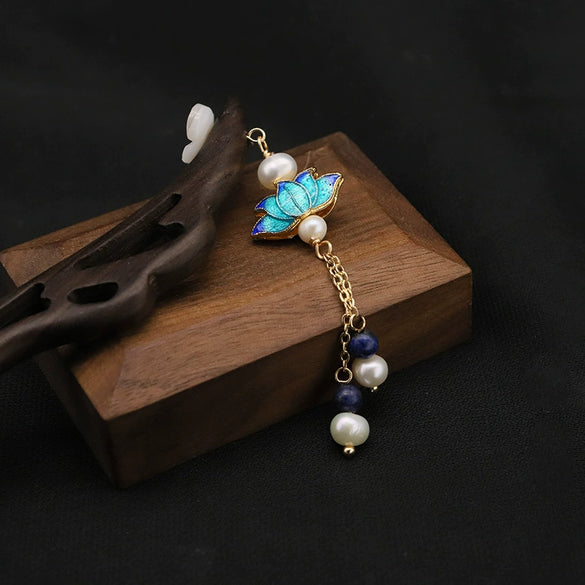 Pearl Hairpin Antique Style With Cloisonne Tassel And Flower Pattern Handmade Hair Accessories