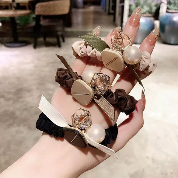 Pearl Handmade Large Intestine Hair Ring High Elastic Hair Accessories Bow Fabric Hair Rope