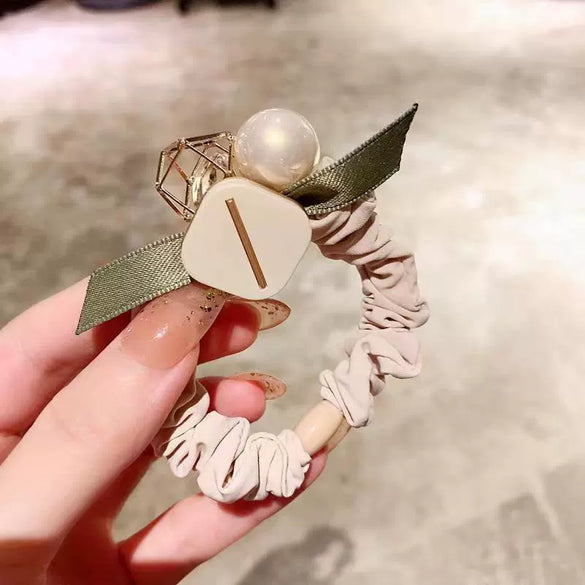 Pearl Handmade Large Intestine Hair Ring High Elastic Hair Accessories Bow Fabric Hair Rope