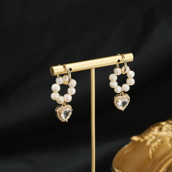 Pearl Heart Earrings For Women Geometric Style Real Gold Colorpreserving Electroplated