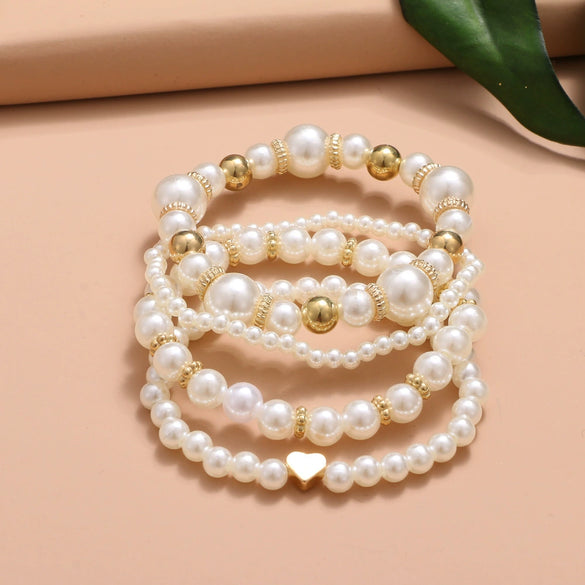 Pearl Heart Geometric Women's Bracelet Set With Pearl Inlaid