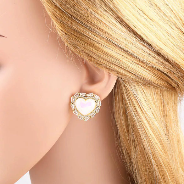 Pearl Heart Inlaid Zircon Goldplated Copper Earrings For Women Geometric Style Electroplated