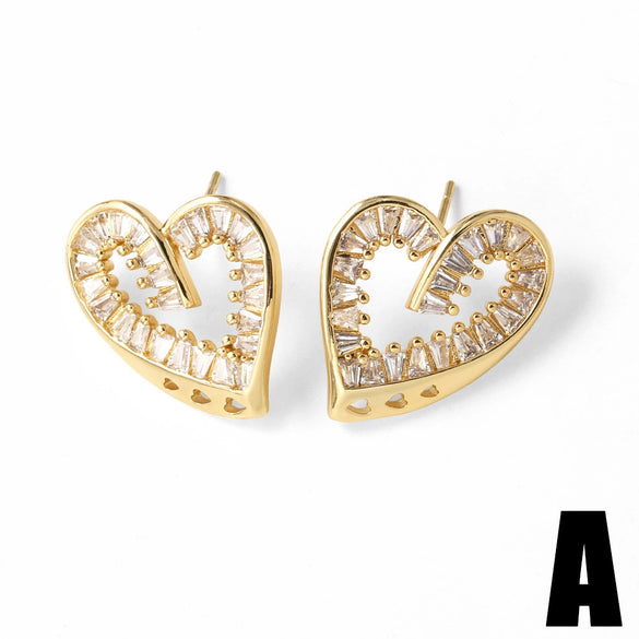 Pearl Heart Inlaid Zircon Goldplated Copper Earrings For Women Geometric Style Electroplated