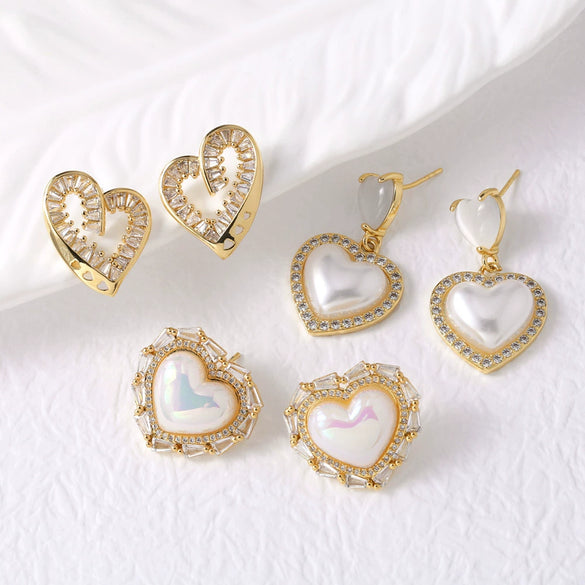 Pearl Heart Inlaid Zircon Goldplated Copper Earrings For Women Geometric Style Electroplated