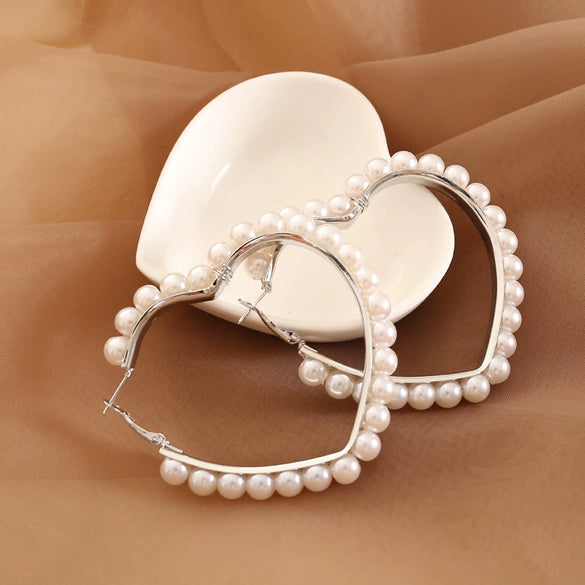 Pearl Heart Shaped Earrings Creative Exaggerated Design For Female