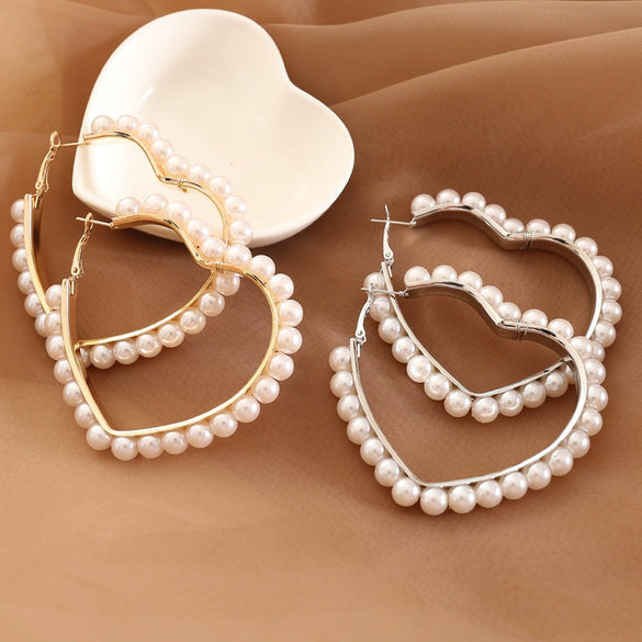 Pearl Heart Shaped Earrings Creative Exaggerated Design For Female