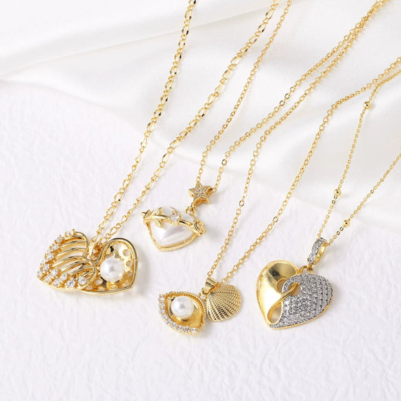 Pearl Heart Shell Pendant Necklace Copper Geometric Electroplated Simple Style For Women