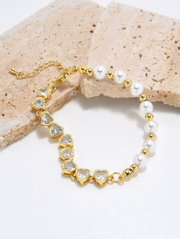 Pearl Heartshaped Microinlaid Color Zirconium Beading Bracelet With Electroplating Treatment Light Luxury And Geometric Style For Women