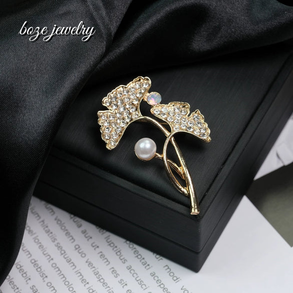 Pearl Inlaid Diamond Brooch Zinc Alloy Electroplating Lady Plants Flowers Style