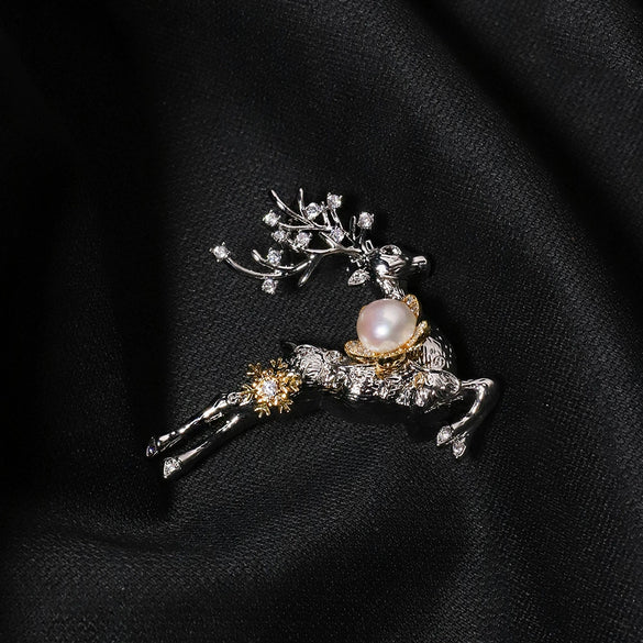 Pearl Inlaid Fawn Brooch Freshwater Pearls And Zircon Unisex Fashion Accessories
