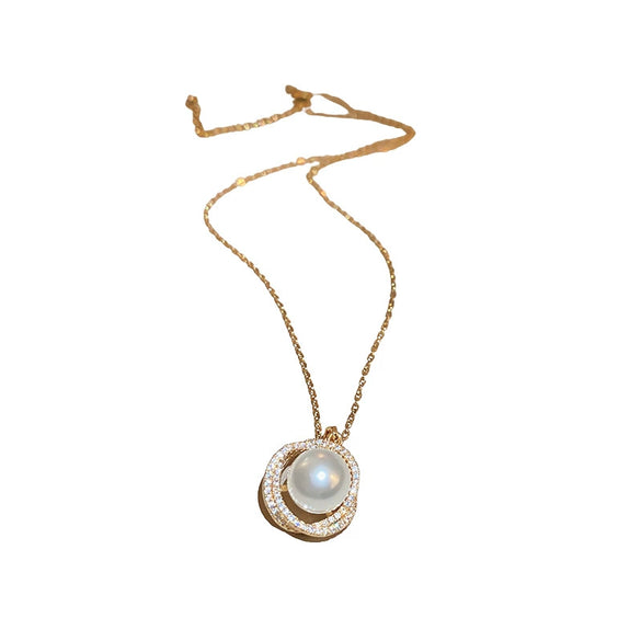 Pearl Inlaid Titanium Steel Zircon And Imitation Pearl Pendant Necklace And Stud Earrings Set For Women French Retro Light Luxury Clavicle Chain Style
