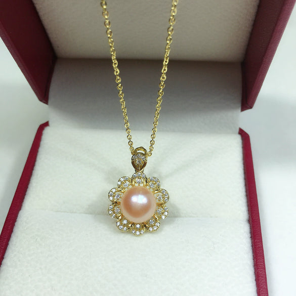 Pearl Jewelry Freshwater Sun Flower Pendant Necklace Copper Material Gold Colorpreserving