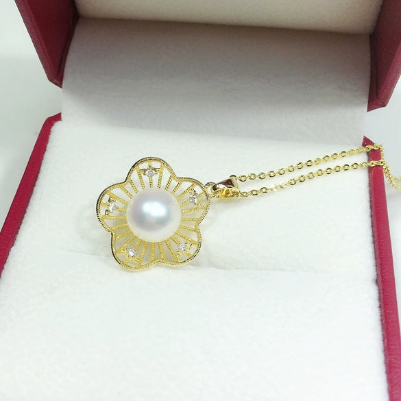 Pearl Jewelry Hollow Flower Freshwater Pearl Pendant Necklace Copper Real Gold Colorpreserving