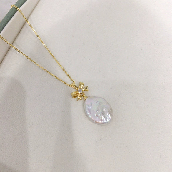 Pearl Jewelry Natural Freshwater Pearl Pendant Bow Baroque Style Copper Accessories Drop Shape