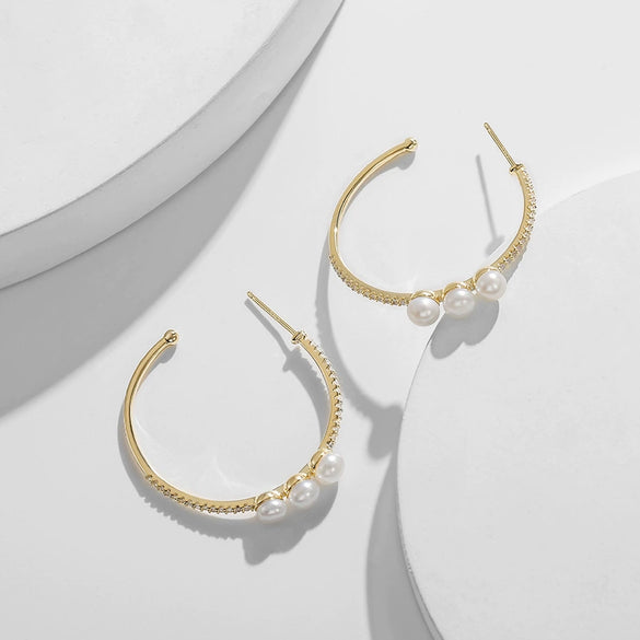 Pearl Large Circle Exaggerated 925 Silver Pin Earrings Alloy Geometric Electroplating Cold Style