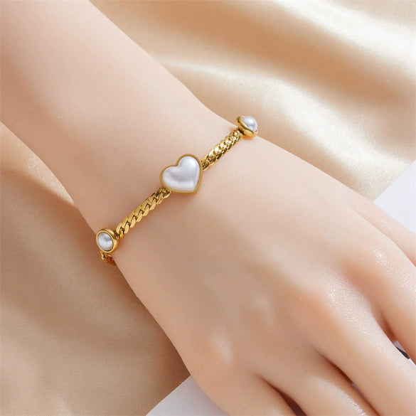 Pearl Love Flower Woven Twist Chain Stainless Steel Gold Plated Women's Bracelet
